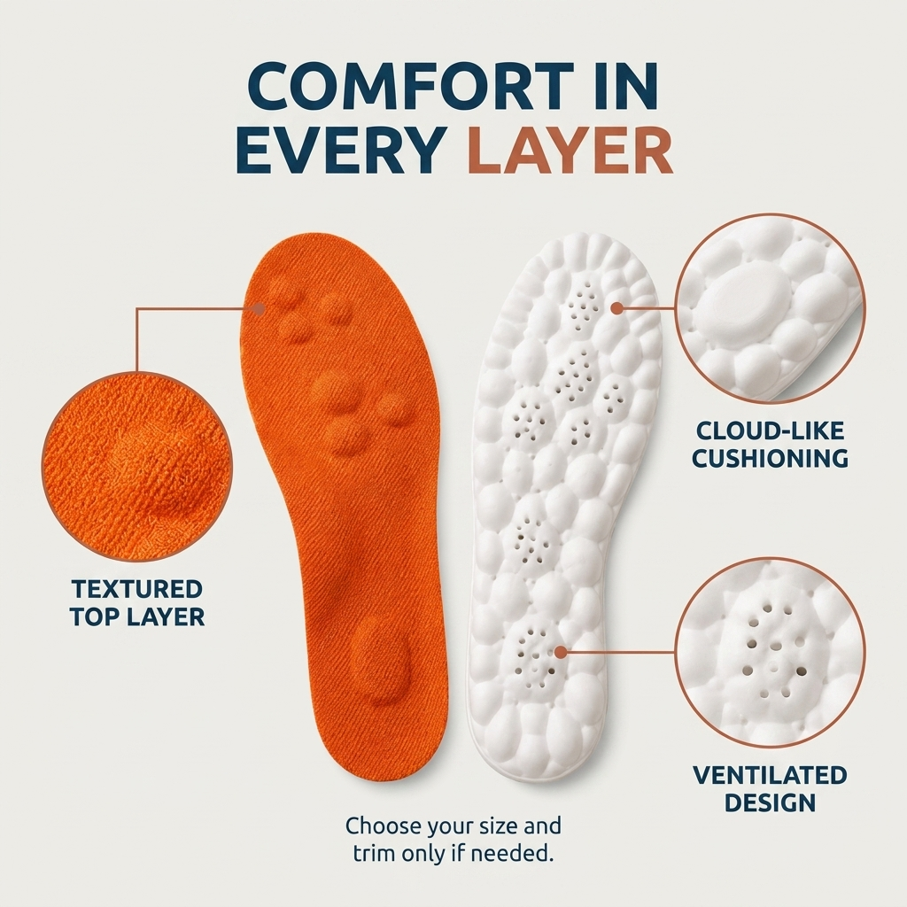 Solearo insole layers: textured top layer, cloud-like cushioning and ventilated design