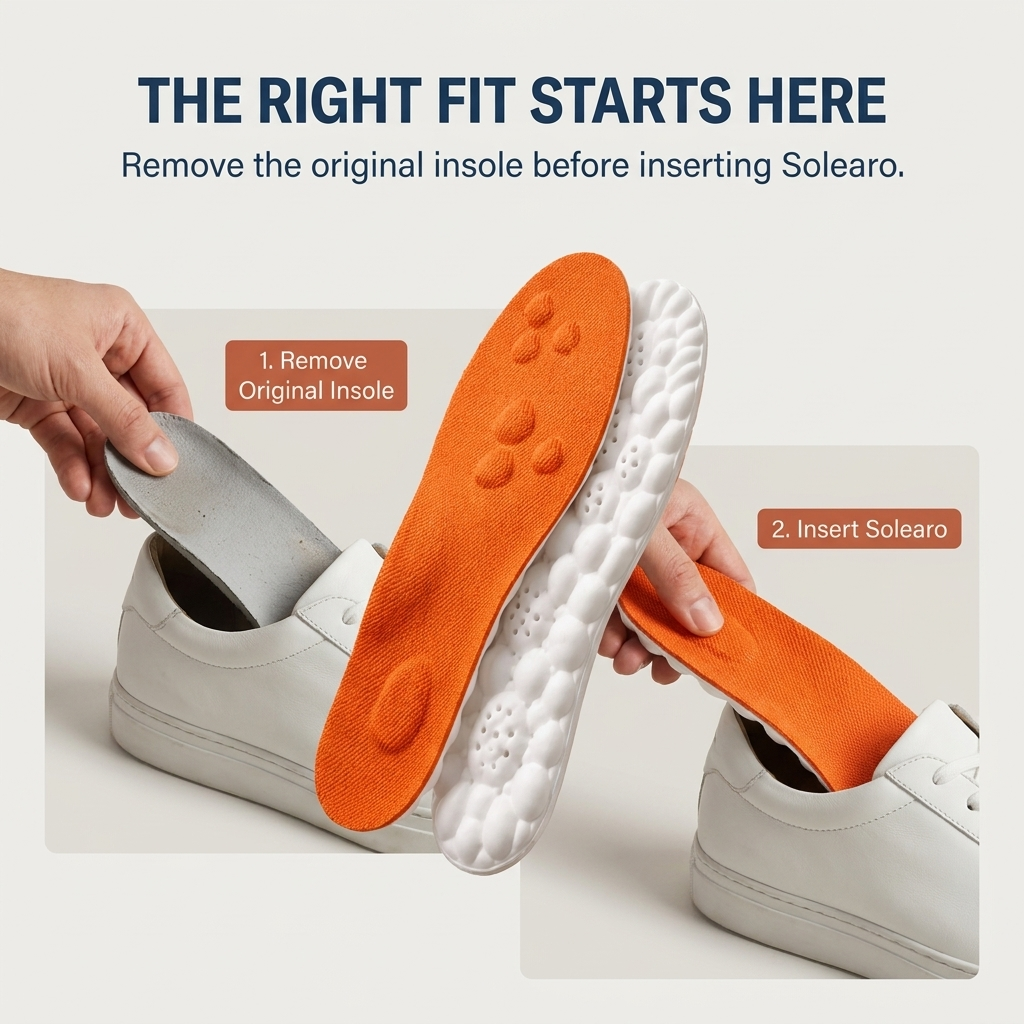 How to fit Solearo: remove the original insole, then insert Solearo