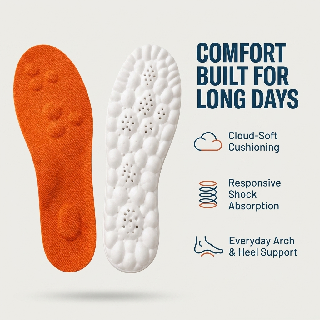 Solearo insole features: cloud-soft cushioning, responsive shock absorption, everyday arch and heel support