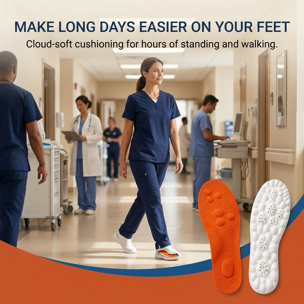 Healthcare worker walking a hospital corridor in shoes fitted with Solearo insoles